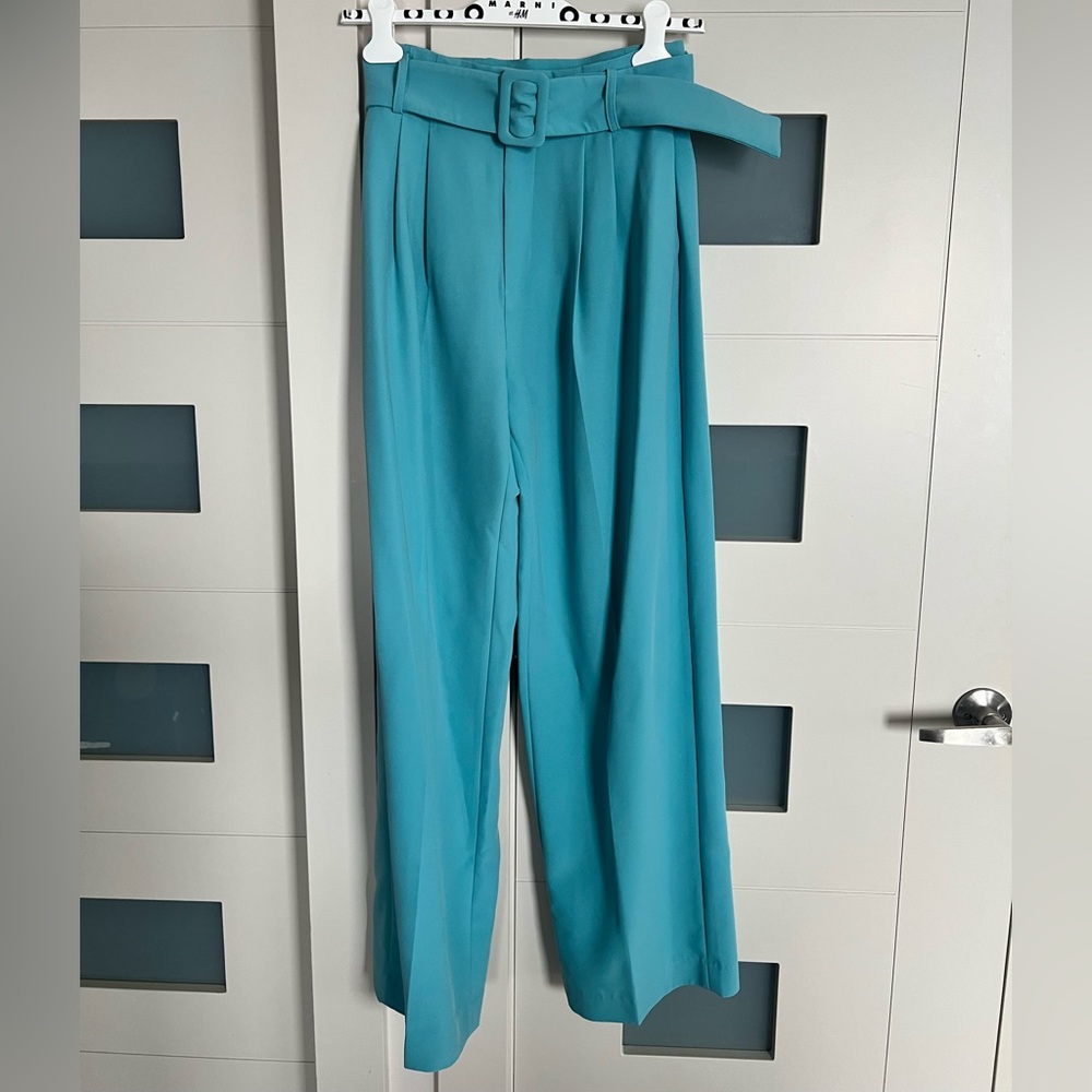 Off-White Teal High-Waist Wide-Leg Pants with Belt